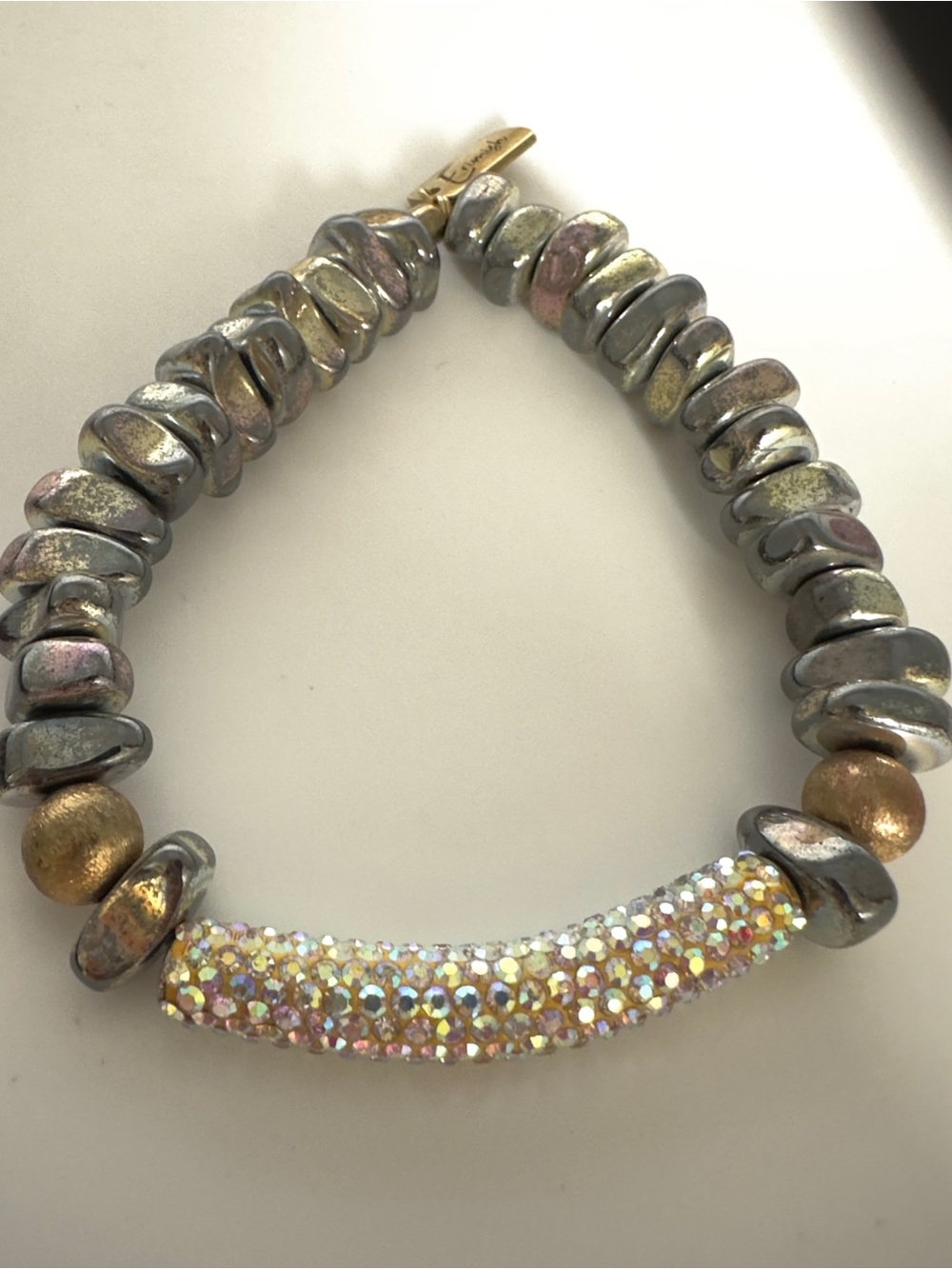 Erimish Beaded Stretch Bracelet Iridescent Gray & Gold Pavè Crystal 7”